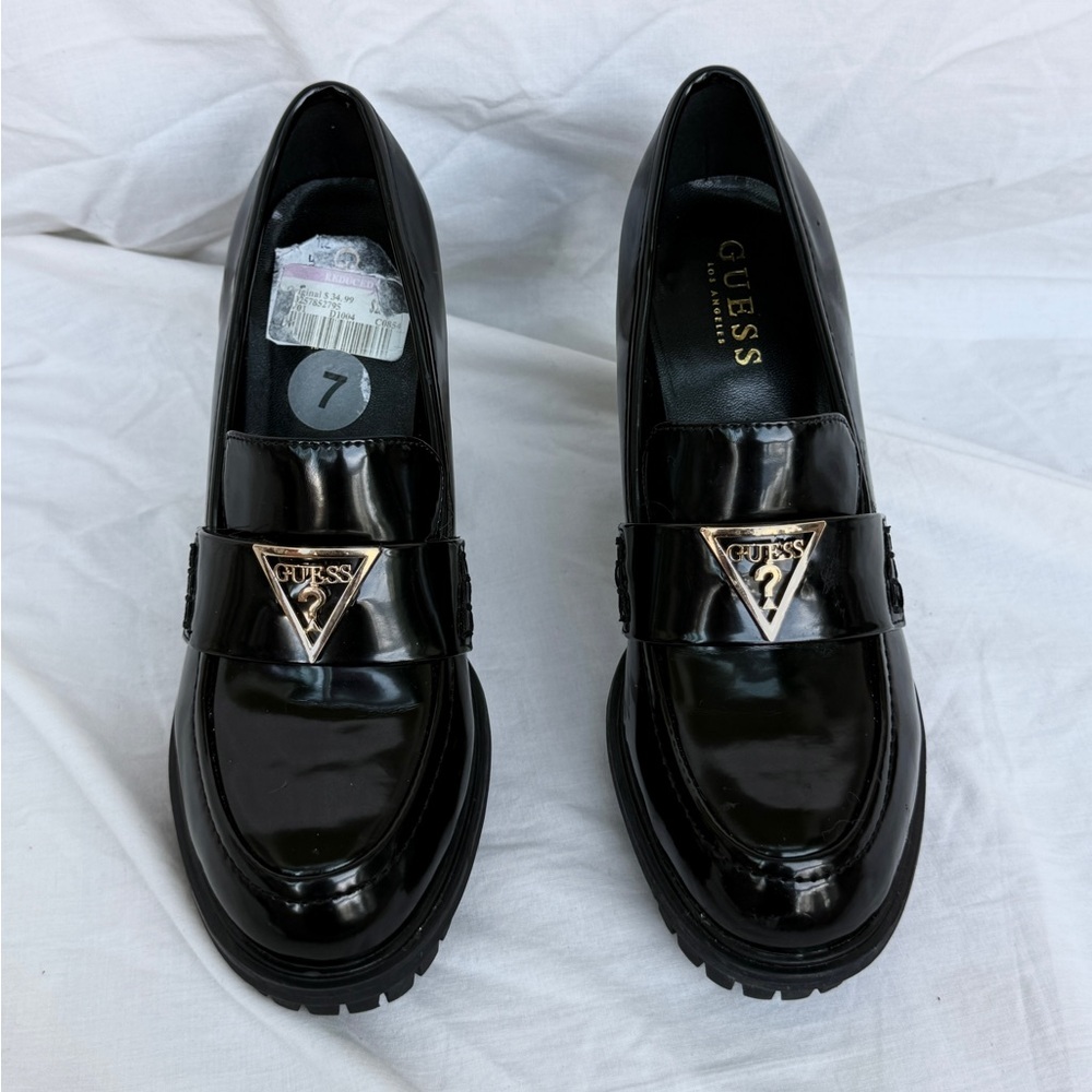 Guess Shiny Black Loafers with Gold Logo